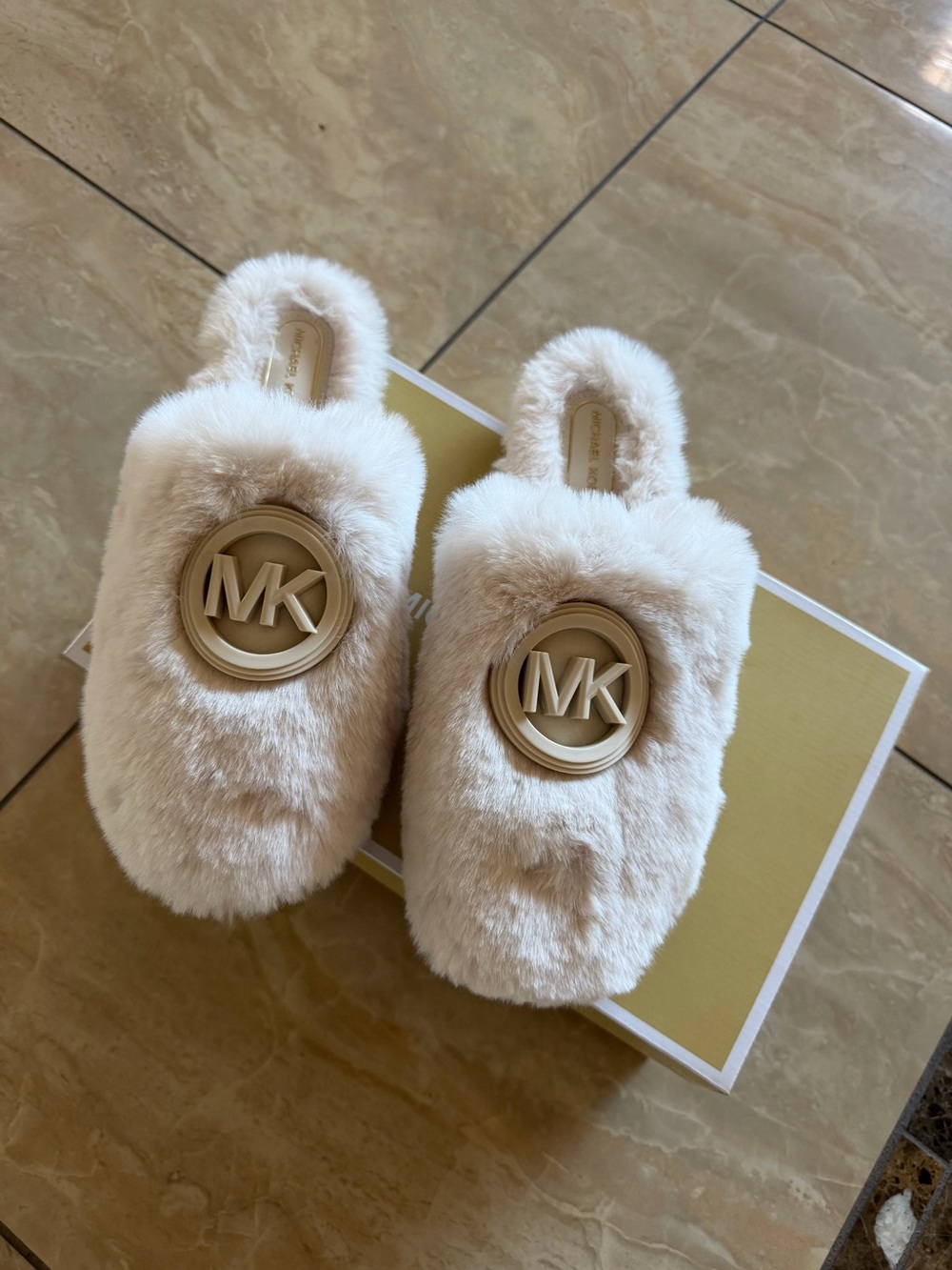 Michael Kors Plush Fur Slip-On Slippers in Cream